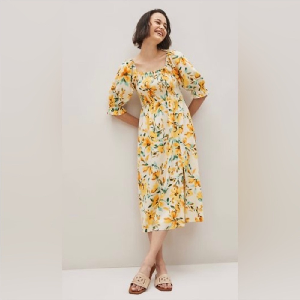 Gap Linen Blend Puff Sleeve Floral Print Midi Dress Size XXL NWT
